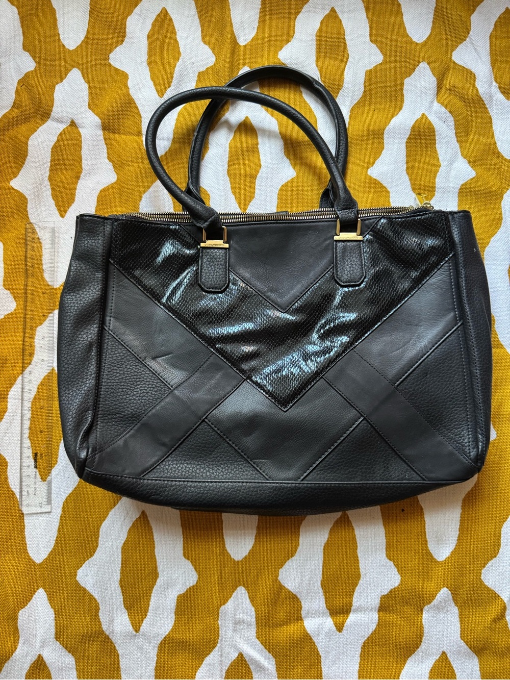 Steve Madden Black Mixed-Texture Tote with Gold Hardware - Picture 1 of 4